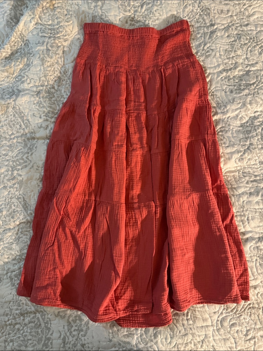 DKNYC Coral-Red Tiered Midi Skirt